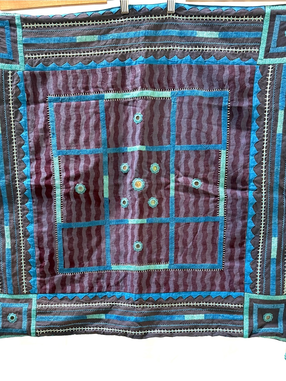Large Indian Pillow Cover, Embroidered, Mirror Work, Boho, Cool Tones